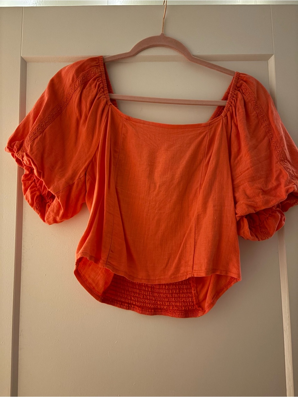 Versona Bright Orange Puff-Sleeve Square Neck Blouse